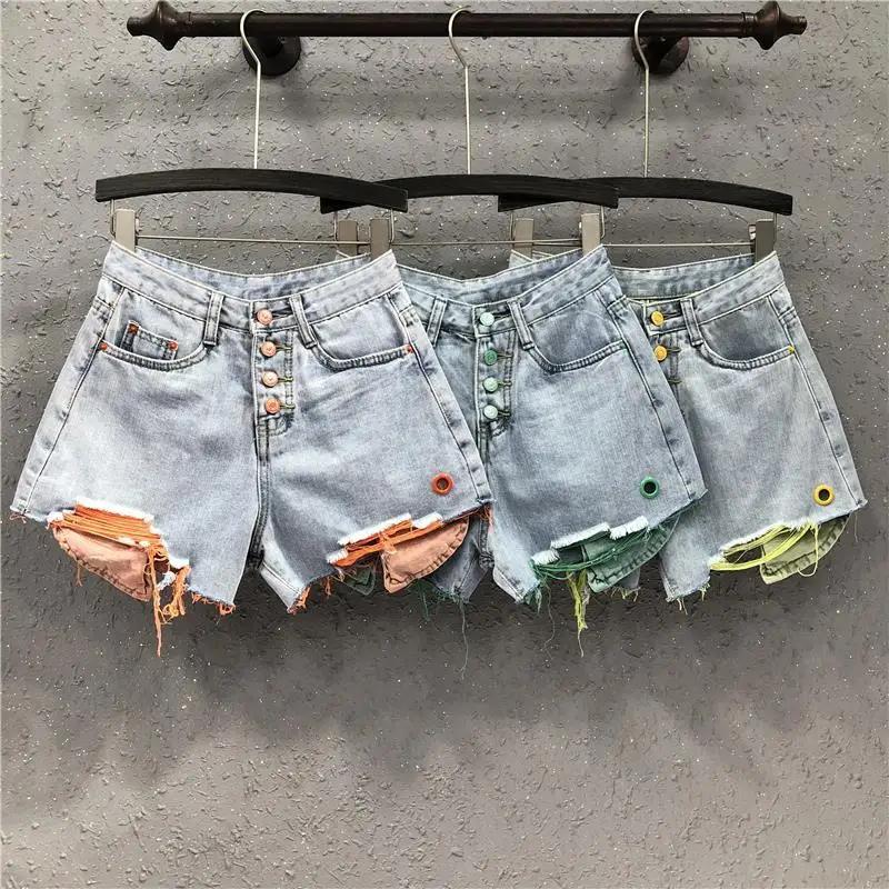 2022 summer new large size high waist loose  contrast  ripped denim shorts womens hot pants  Wide Leg Pants   Casual